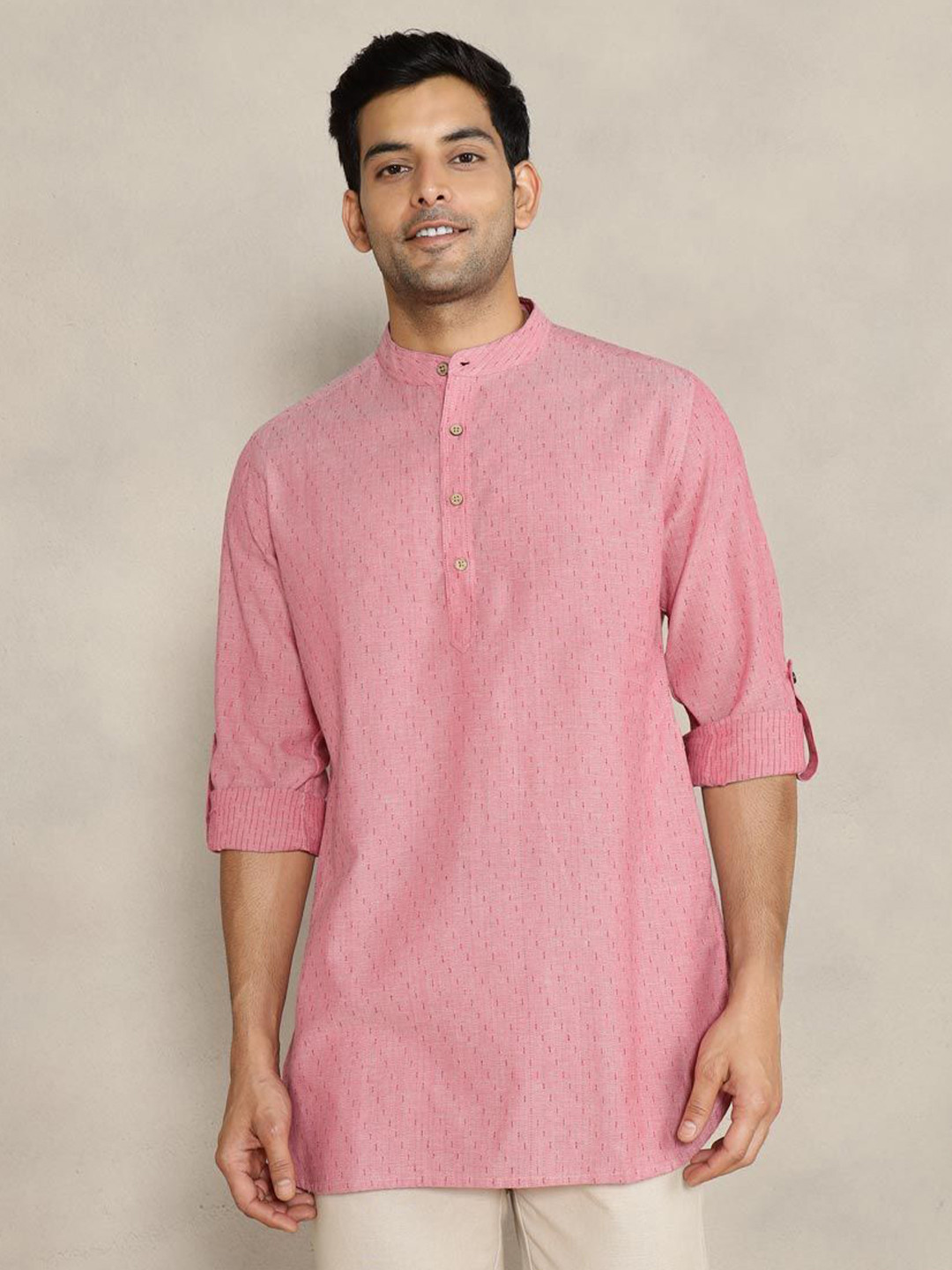 Fabindia Men Woven Design Thread Work Cotton Short Kurta