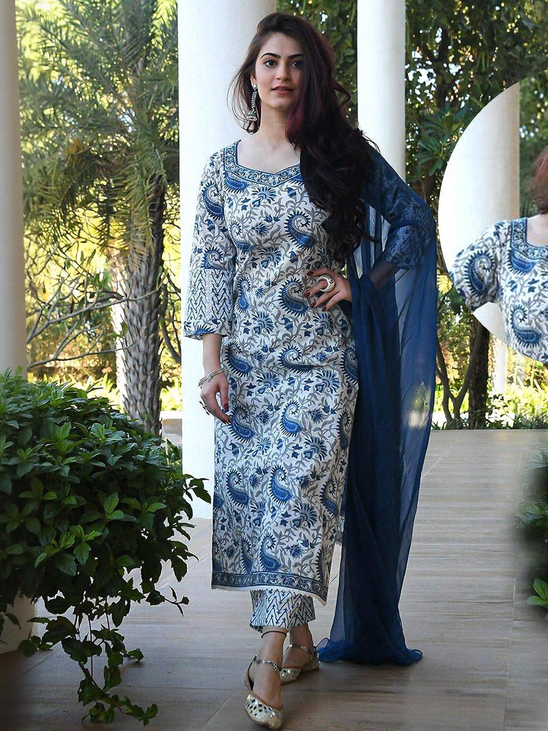 Ethnic basket Women White Cotton Blend Kurta Sets With Dupatta