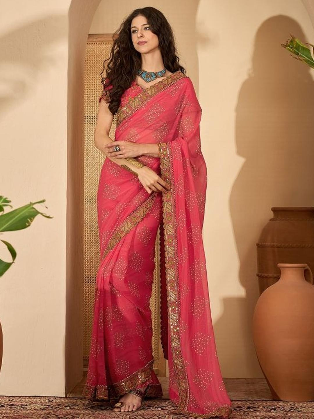 Sangria Bandhini Printed Embroidered Border Saree with Unstitched Blouse