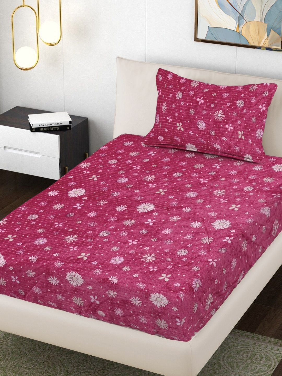 Myntra Elegant Homes Red Printed 300TC Woolen Single Bedsheet Set 2.20 m x 1.50 m