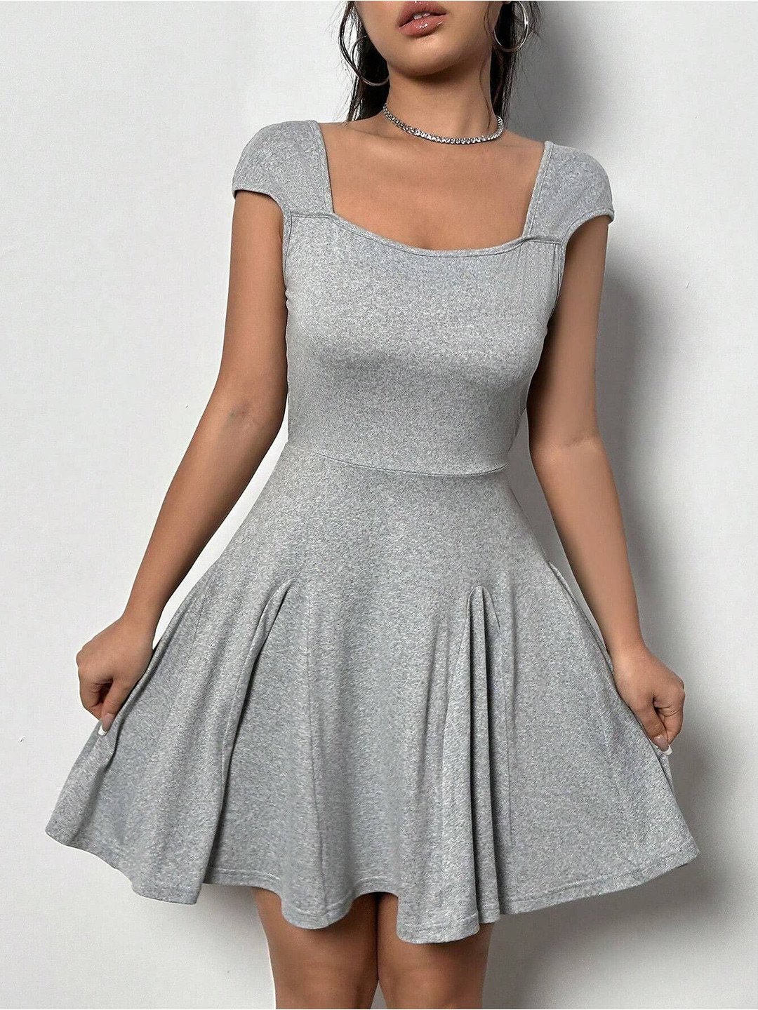 Outzidr Women Square Neck Backless Fit & Flare Mini Dress