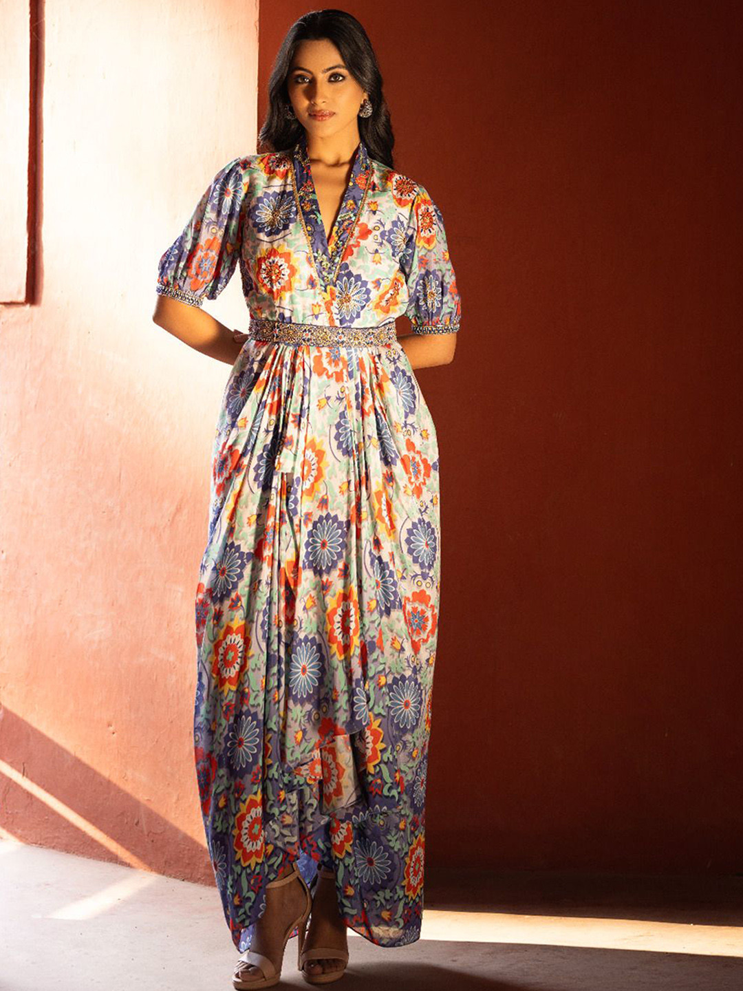 Kahani Lush Women Floral Printed Puff Sleeves Pleated Detail Maxi Dress