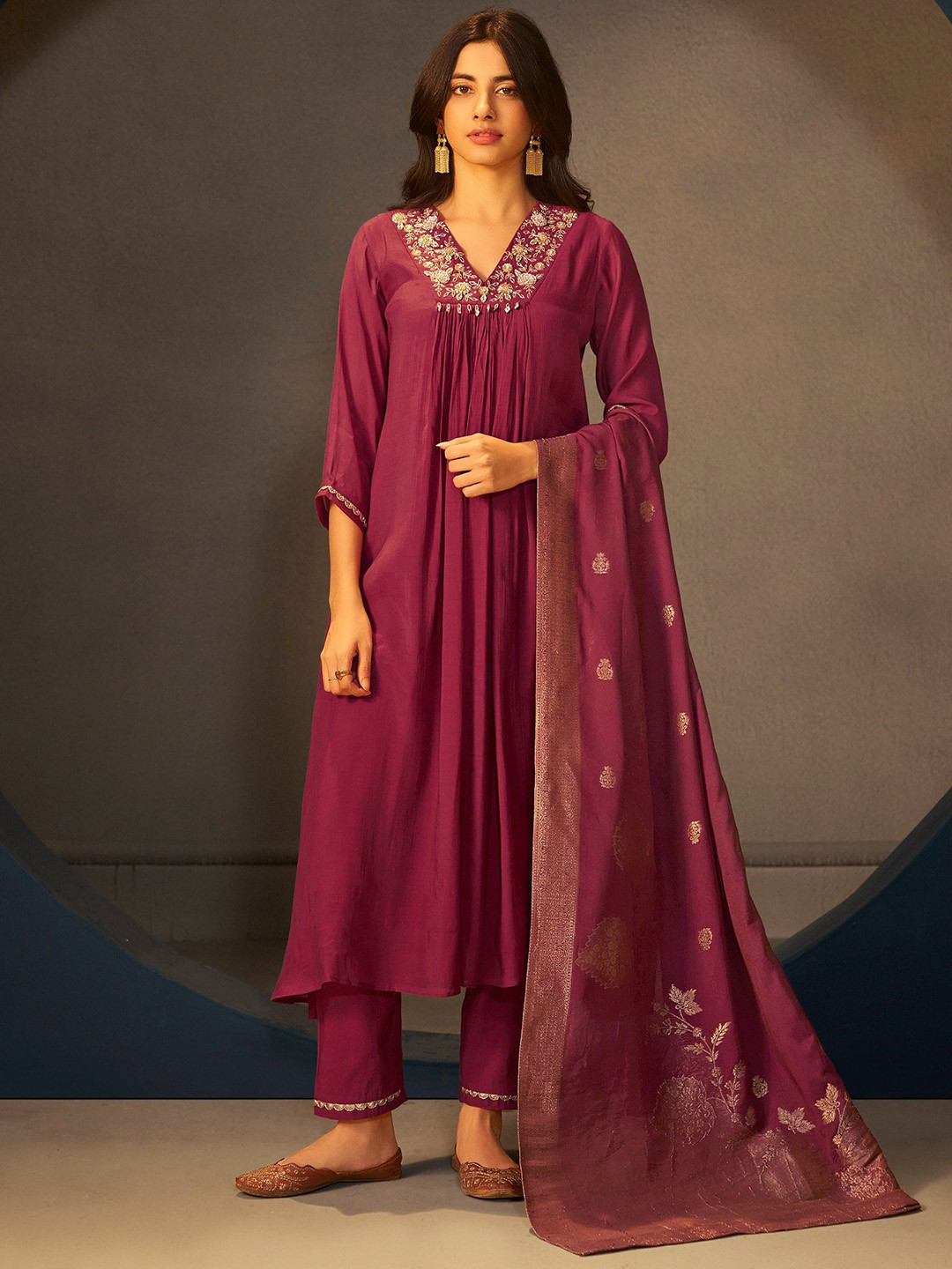 AUTUMN LANE Albeli Jam Floral Yoke Design Beads and Stones A-Line Kurta with Palazzo