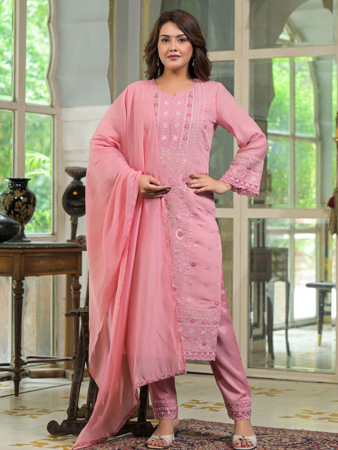 Sindh Fashion Floral Embroidered Notch Neck Thread Work Kurta With Trousers & Dupatta