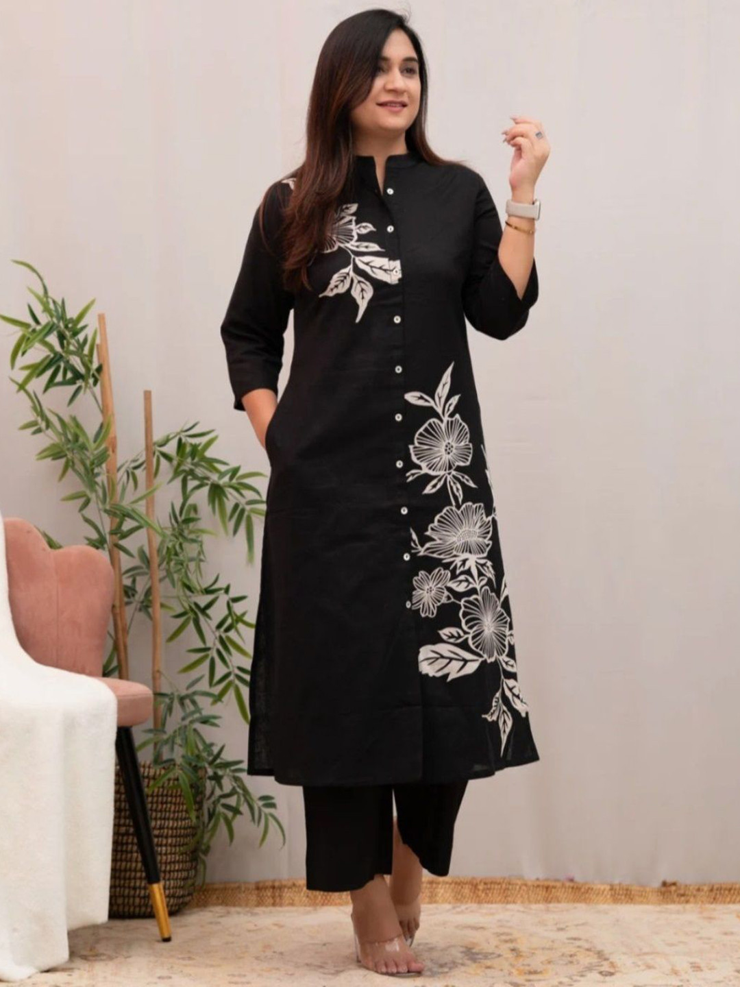 ZELA Women Ethnic Motifs Printed Mandarin Collar A-Line Kurta with Trousers