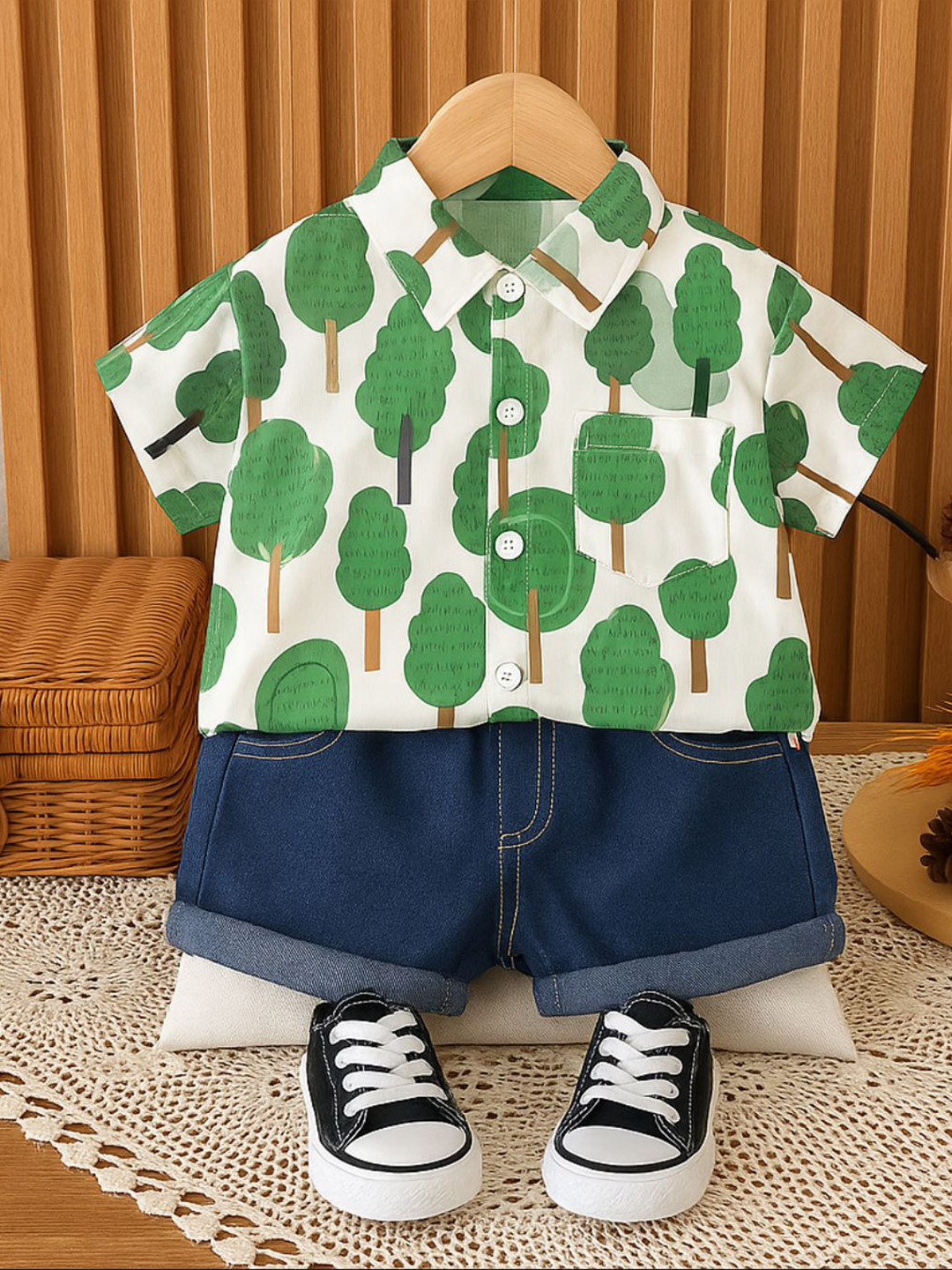 Googo Gaaga Boys Printed Shirt Collar Pure Cotton Shirt with Shorts