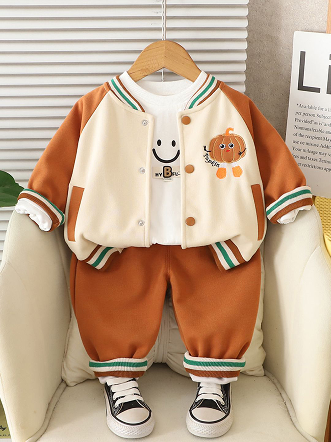INCLUD Boys Pumpkin Embroidered Jacket With T-Shirt & joggers