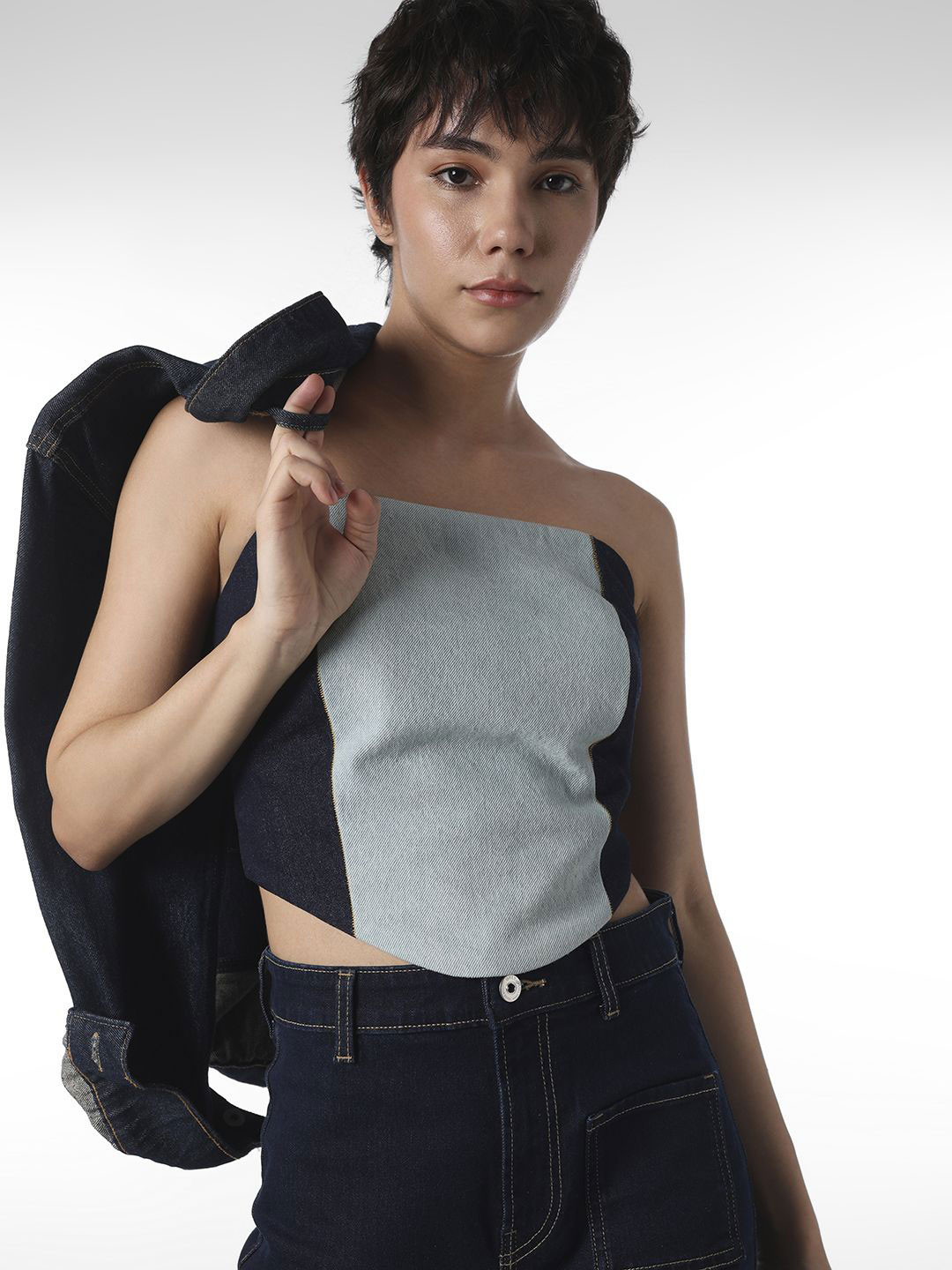 ONLY Women Indigo Cotton Denim Tube Crop Top