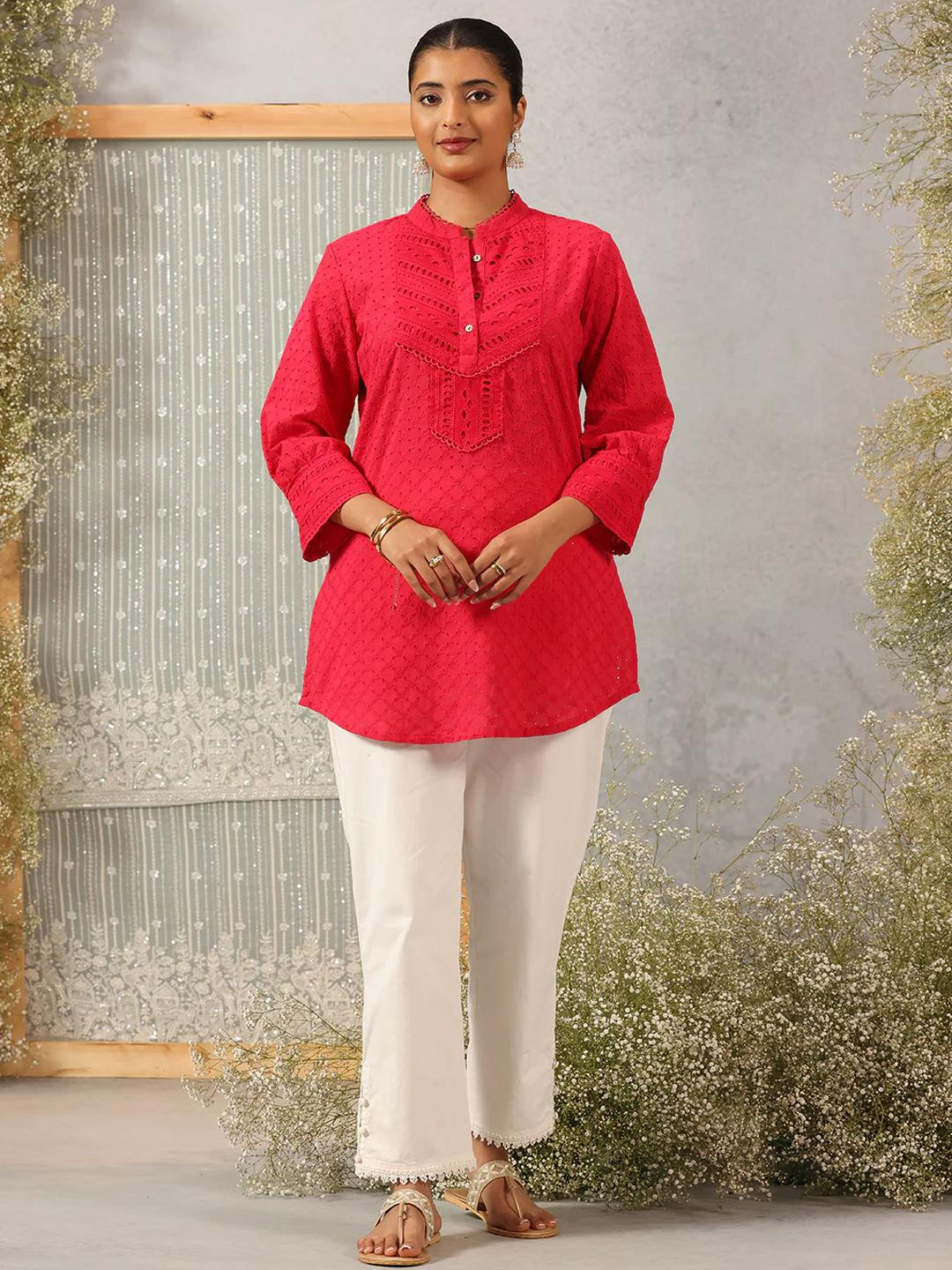 Lakshita Mandarin Collar Cotton Schiffli Top For women