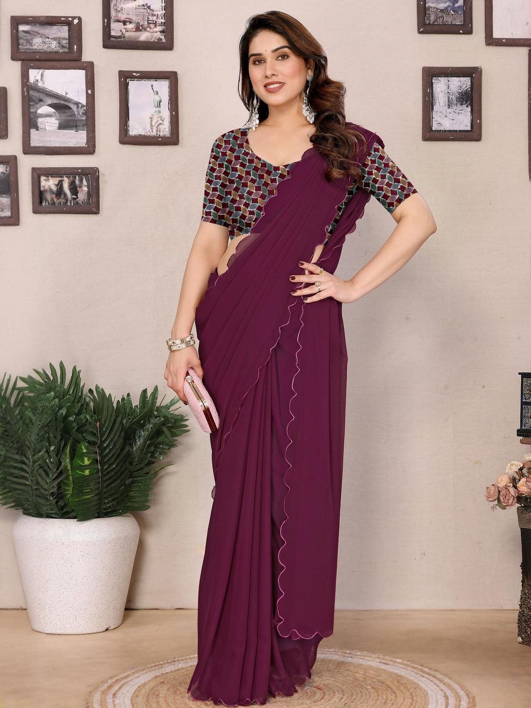 REDFISH Embroidered Georgette Saree