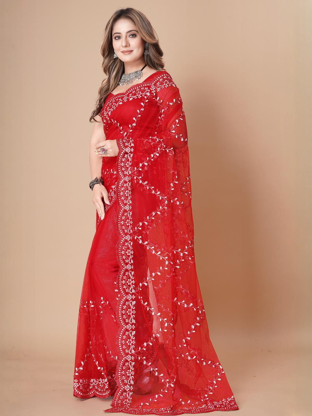 SHELDROM MART Floral Embroidered Net Saree