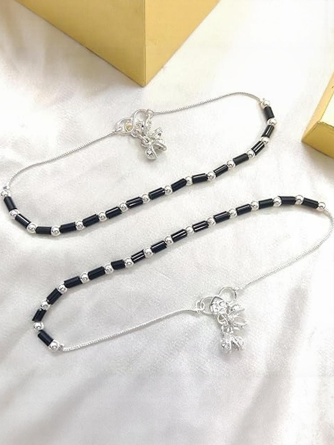 Lovemi Movements Silver-Plated Black Beaded Nazariya Anklet