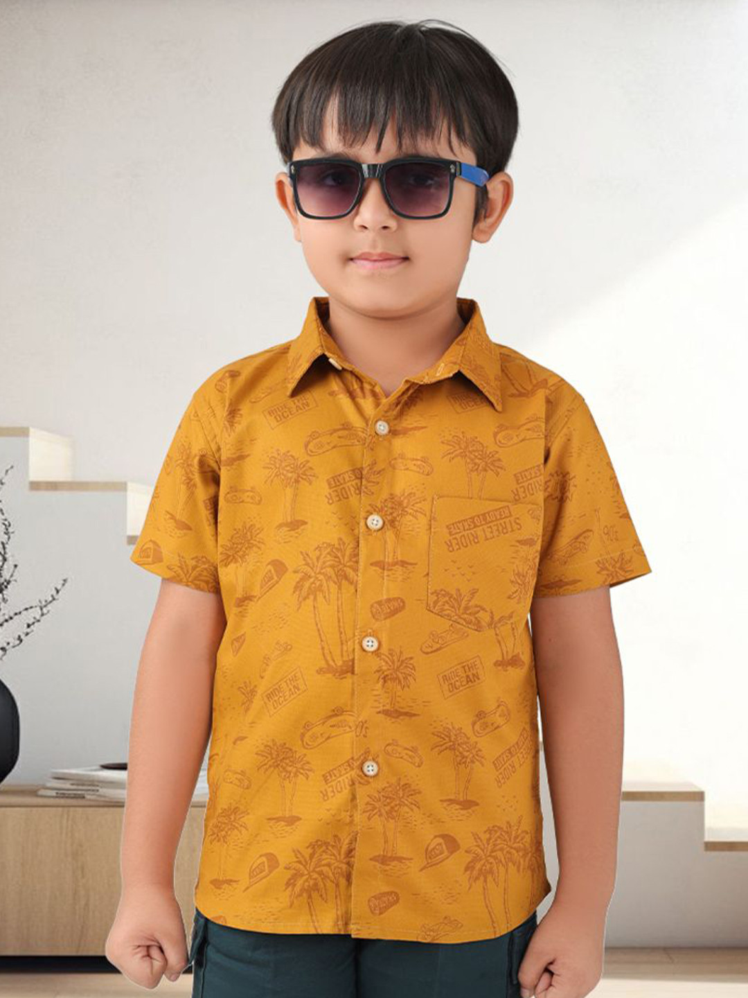 BABY CLOSET Boys Conversational Printed Spread Collar Cotton Casual Shirt