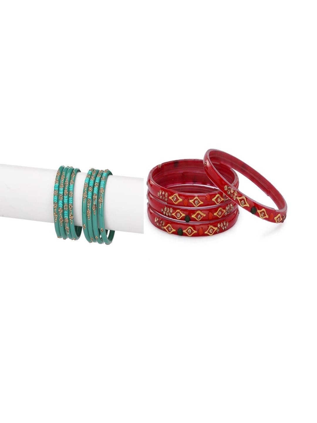 1ST TIME Combo of 2 Turquoise Blue & Red Stones Studded Bangles Set
