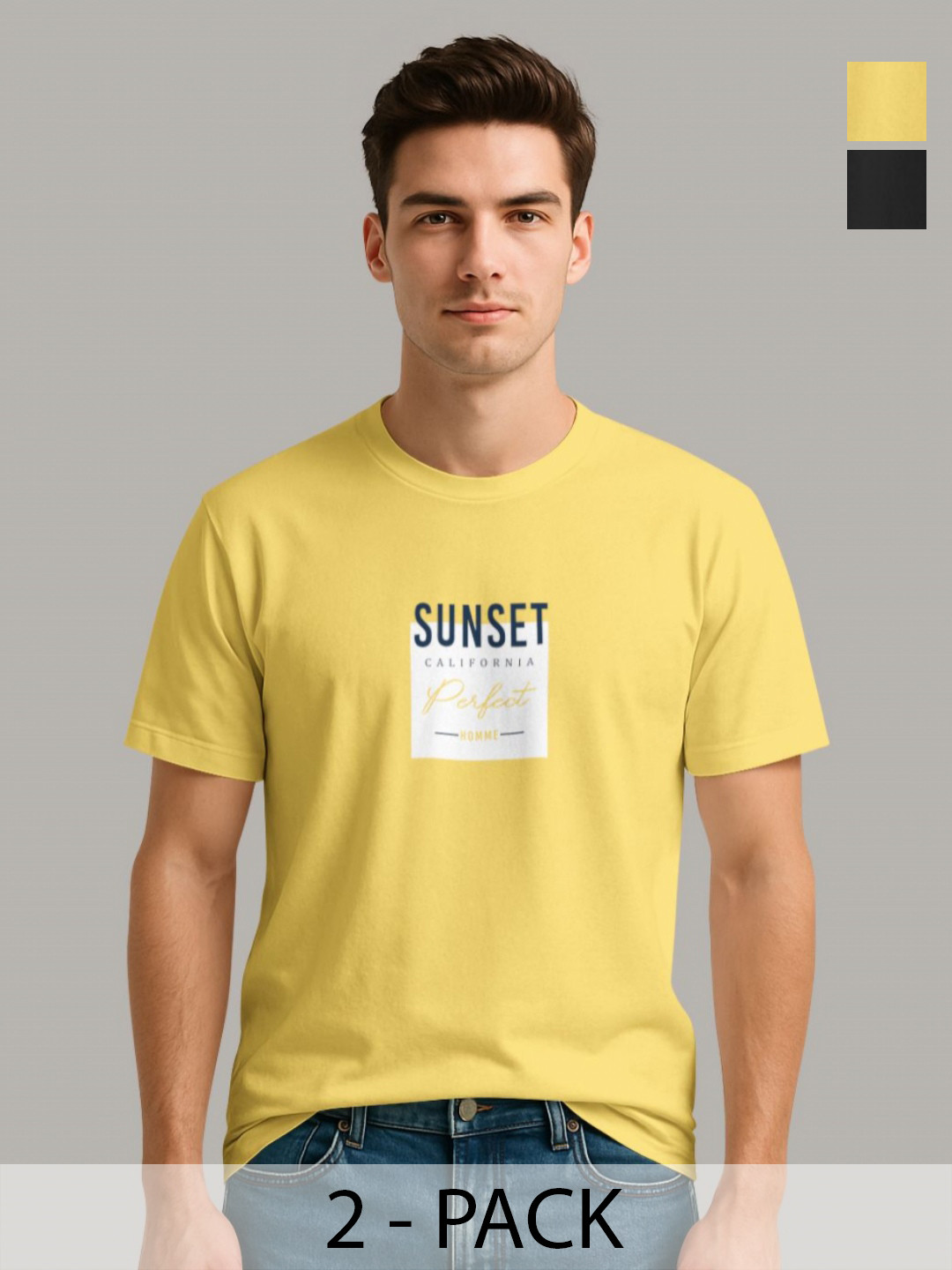 BULLMER Pack Of 2 Typography Printed Round Neck Short Sleeves Cotton T-shirts