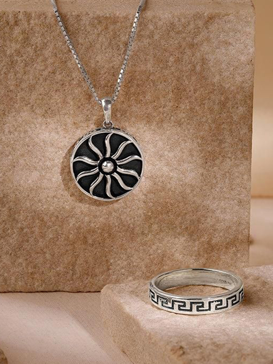 GIVA Men 925 Silver Oxidised Sunshine Ring & Pendant Jewellery Set