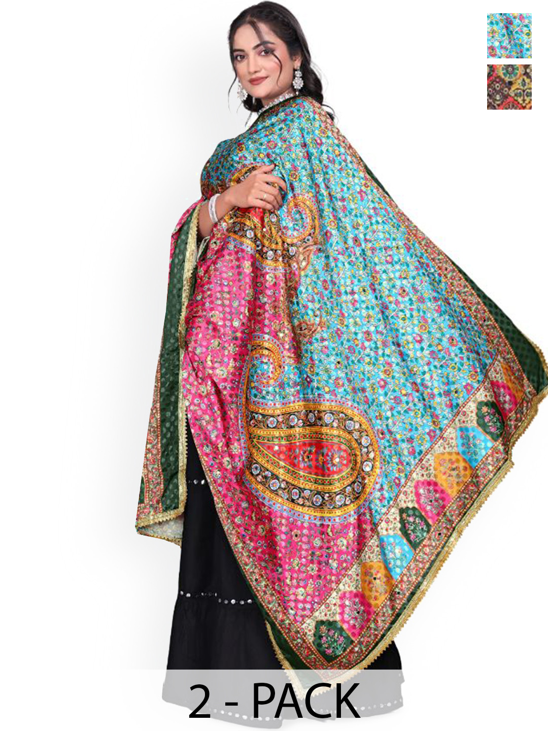 Kemza Selection Of 2 Mirror Work Dupattas Yellow Set