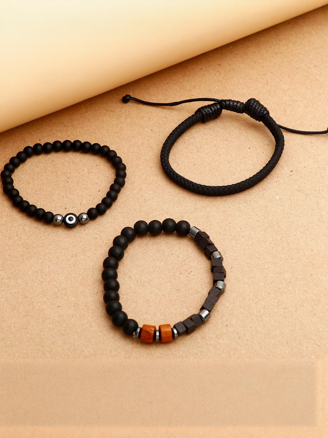 Archies Unisex Set of 3 Beaded Evil Eye Multilayer Leather Bracelet