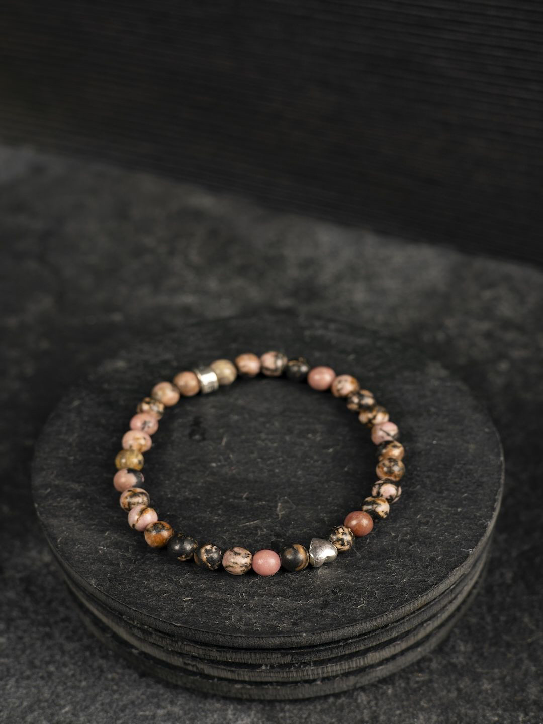 Stone Story By Shruti Unisex 925 Silver Rhodium-Plated Rhodonite Beaded Bracelet