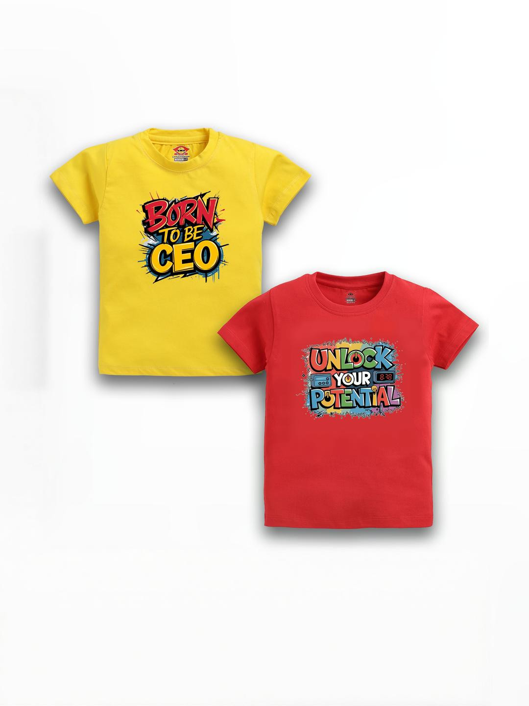 LITTLE FIGHTER Boys Pack of 2 Typography Printed Cotton T-shirts