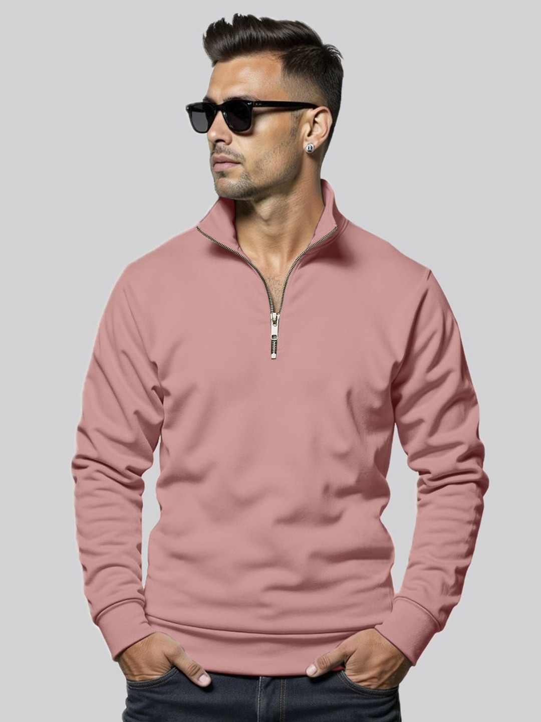 Fashion And Youth Men High Neck Long Sleeve Half Zipper Sweatshirt
