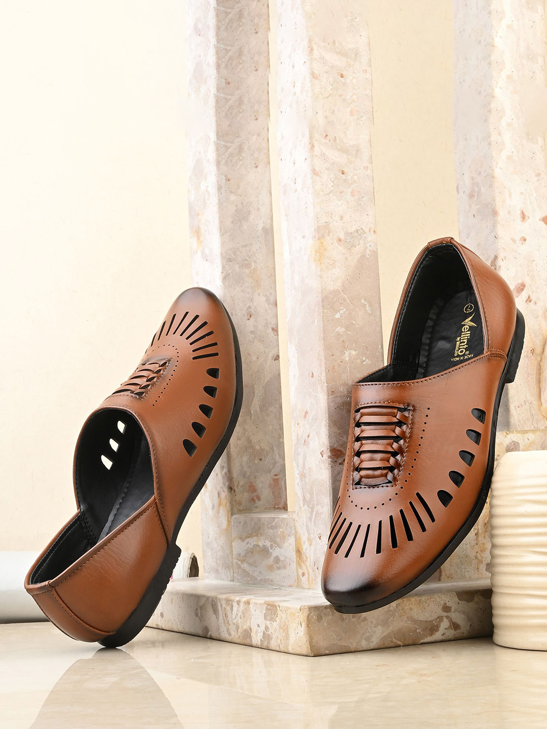 Vellinto Men Slip On Rajasthani Mojaris with Laser Cuts