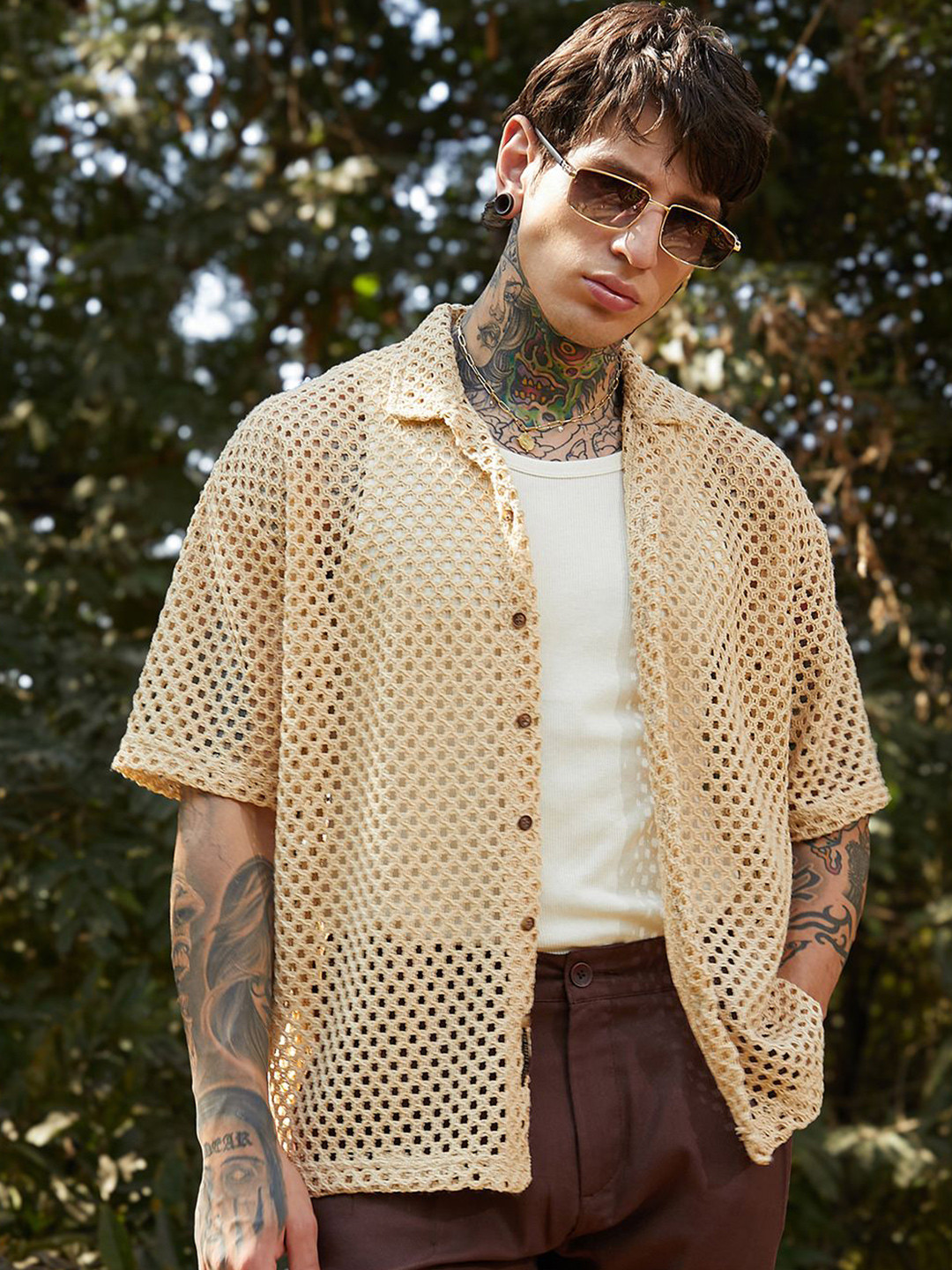 Campus Sutra Men Comfort Open-Knit Crochet Cotton Shirt