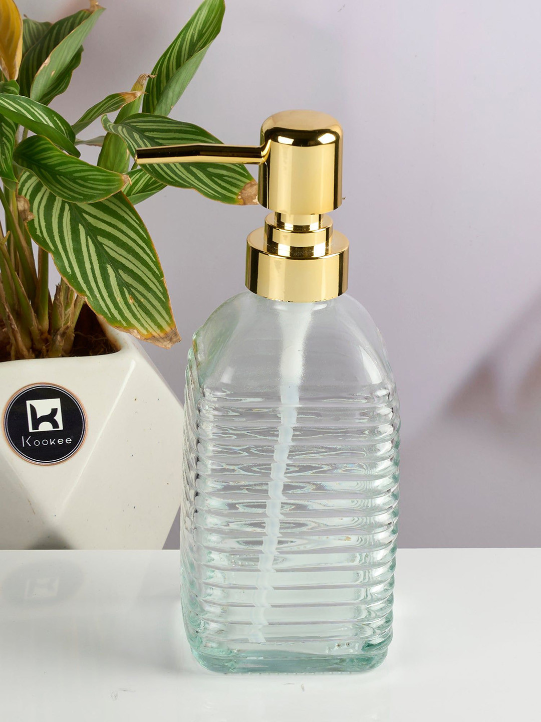 Kookee Transparent & Gold Toned Glass Textured  Soap Dispenser 400ml