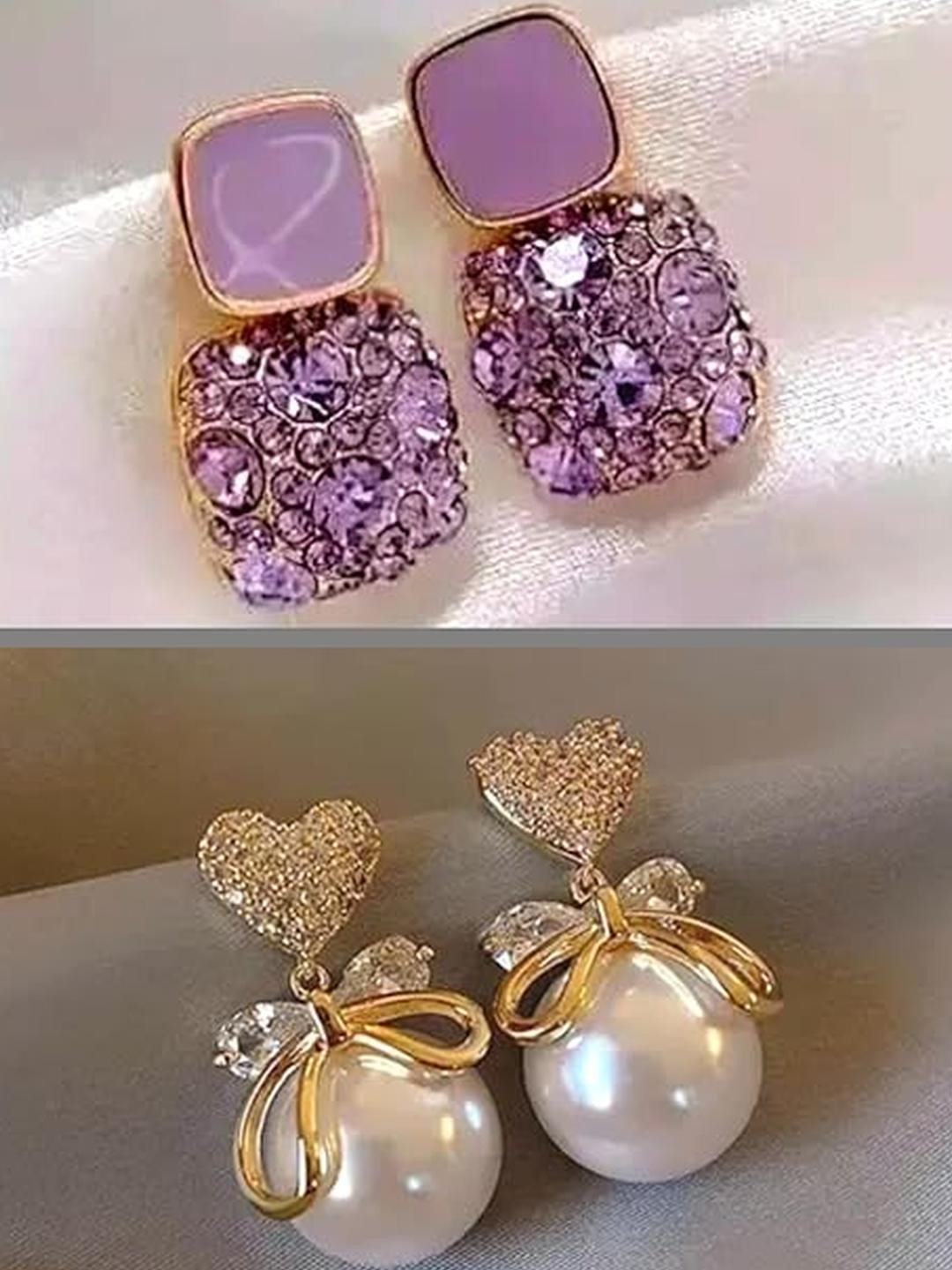 Inara Robes Women Set Of 2 Purple And Gold Heart Shaped Drop Earrings