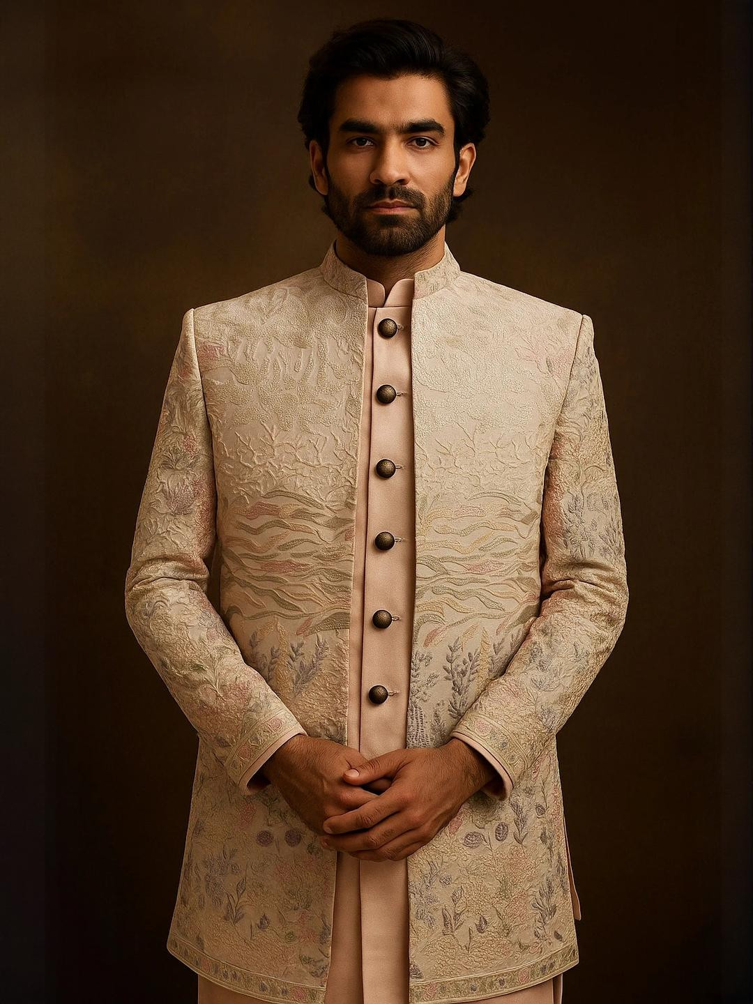 Men's Beige Ethnic Embroidered Jacket with Front Button Detailing