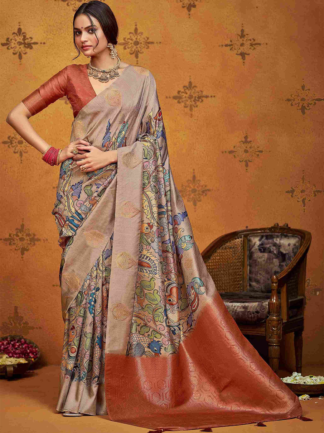 TIRA Kalamkari Printed Zari Saree