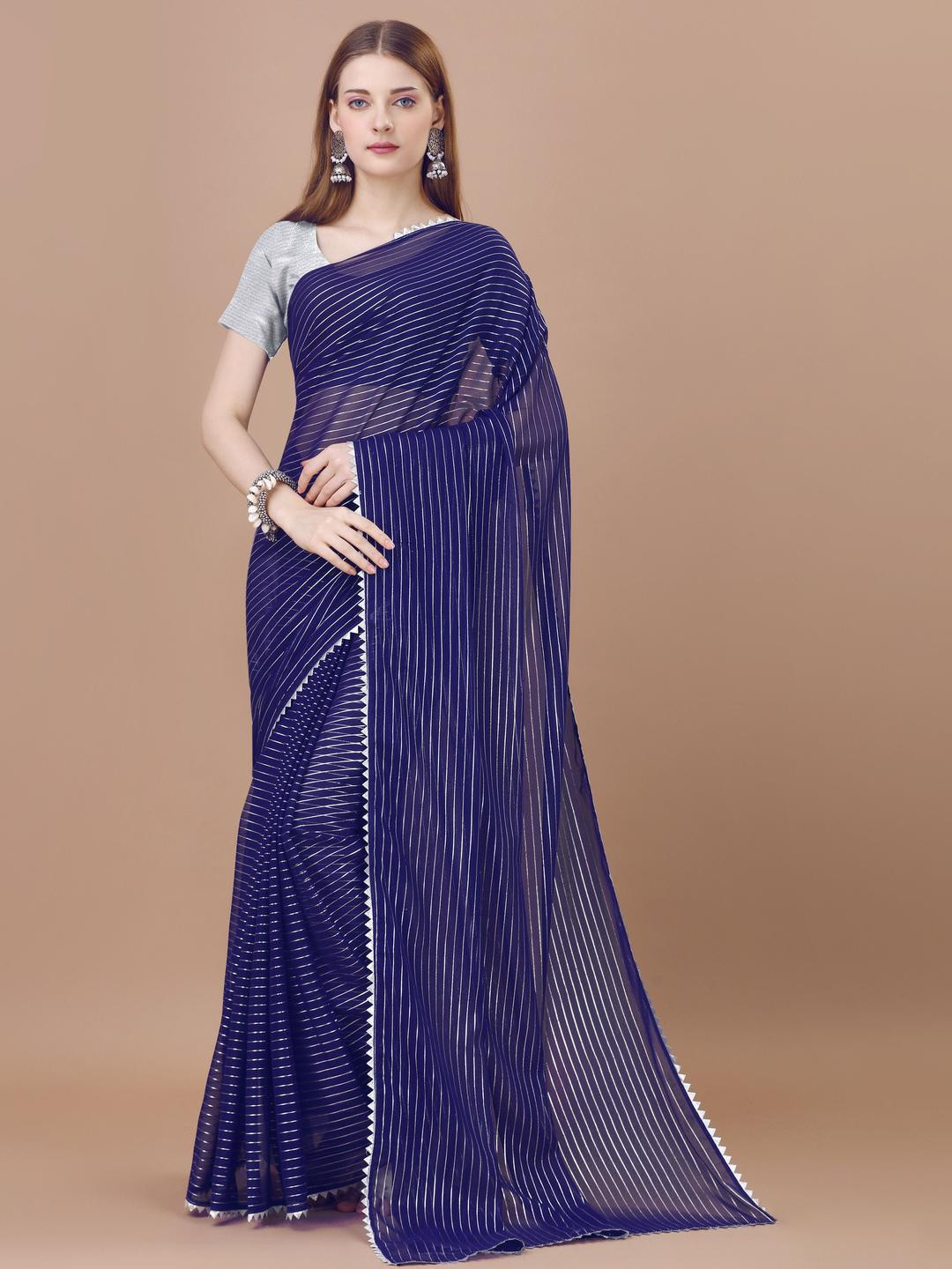 REDFISH Sequinned Temple Border Striped Saree
