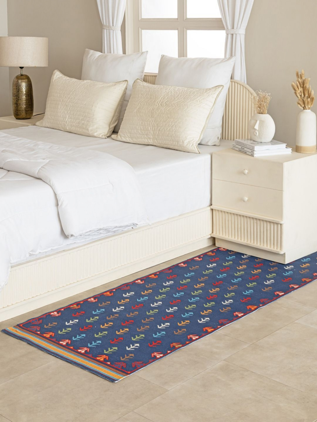 THEGASBH Yellow & Blue Printed Anti Skid Bed Side Runner