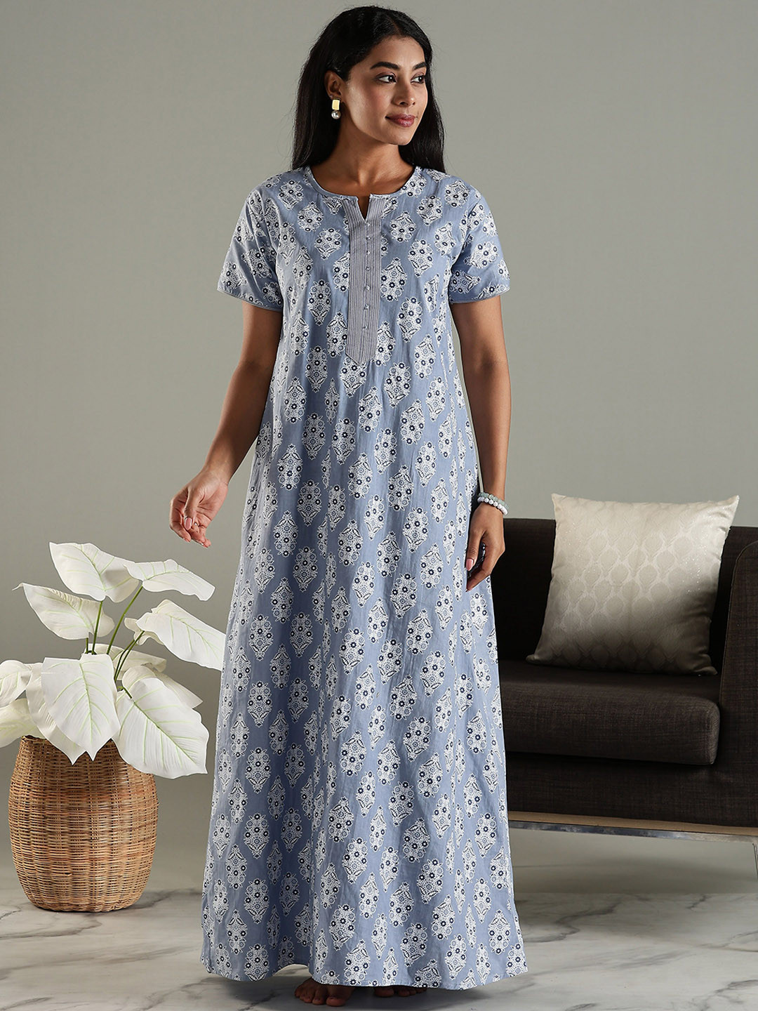 9shines Label Women Floral Printed Round Neck Cotton Maxi Nightdress