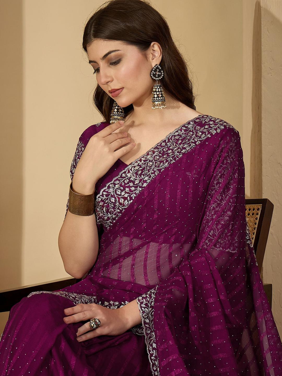 Sangria Sequin Embellished Saree with Heavy Embroidered Floral Border & Unstitched Blouse
