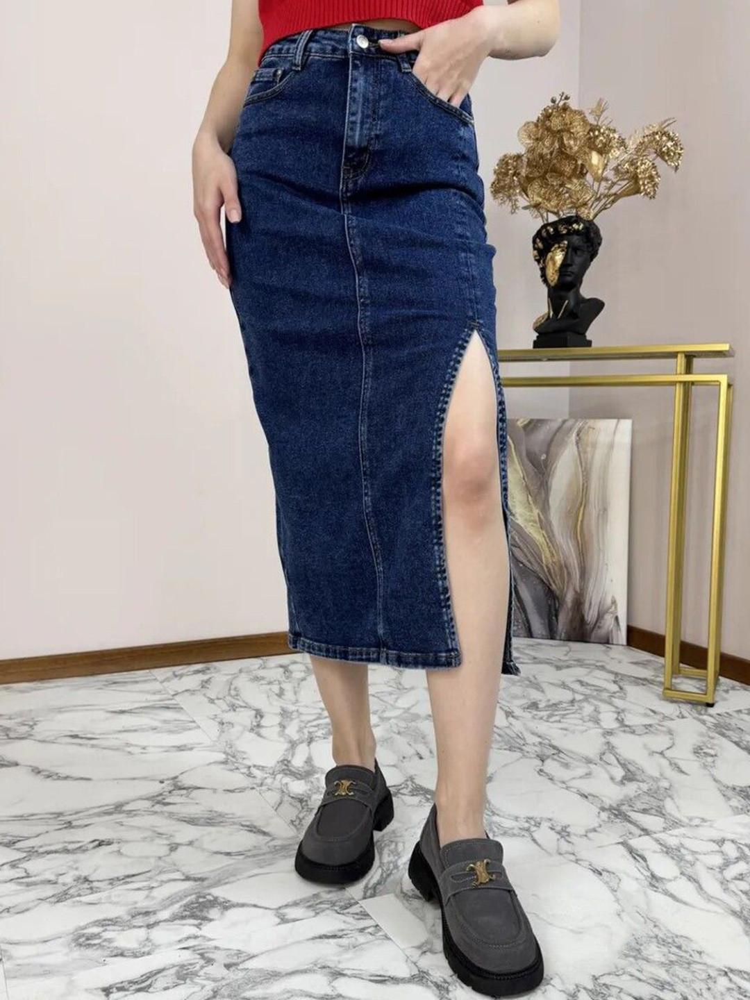 Chalodia Women Denim A-Line Midi Skirt