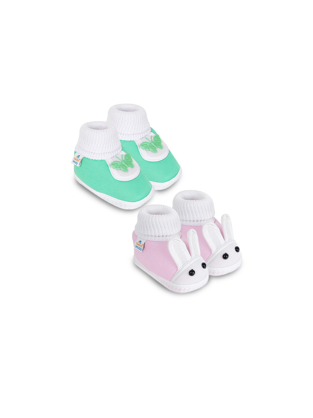 NESKA MODA Unisex Kids Set Of 2 Pink & Green Bunny & Butterfly Slip On Cotton Booties
