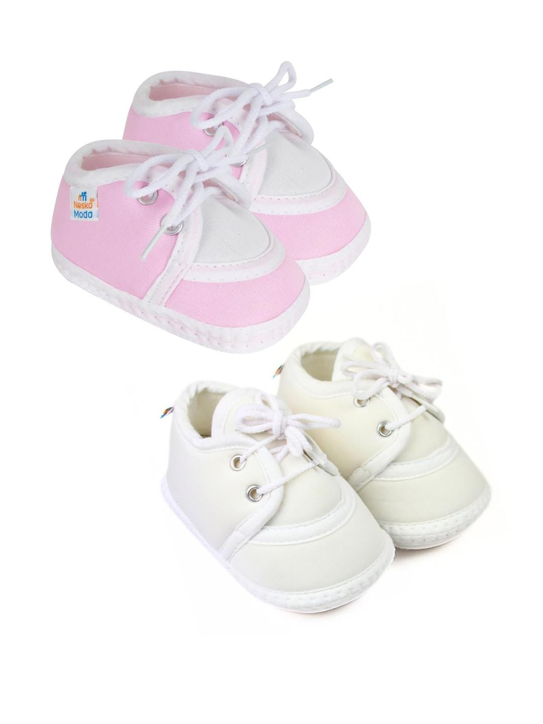 NESKA MODA Kids 2 Pair Of Pink & White Cotton Shoes Lace Booties