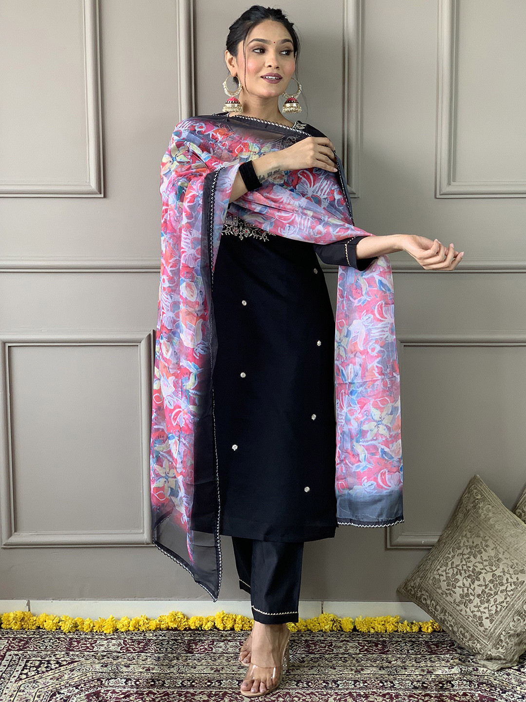 VARNI FABRICS Womens Rayon Slub Embroidered Kurta Set with Pant & Printed Organza Dupatta