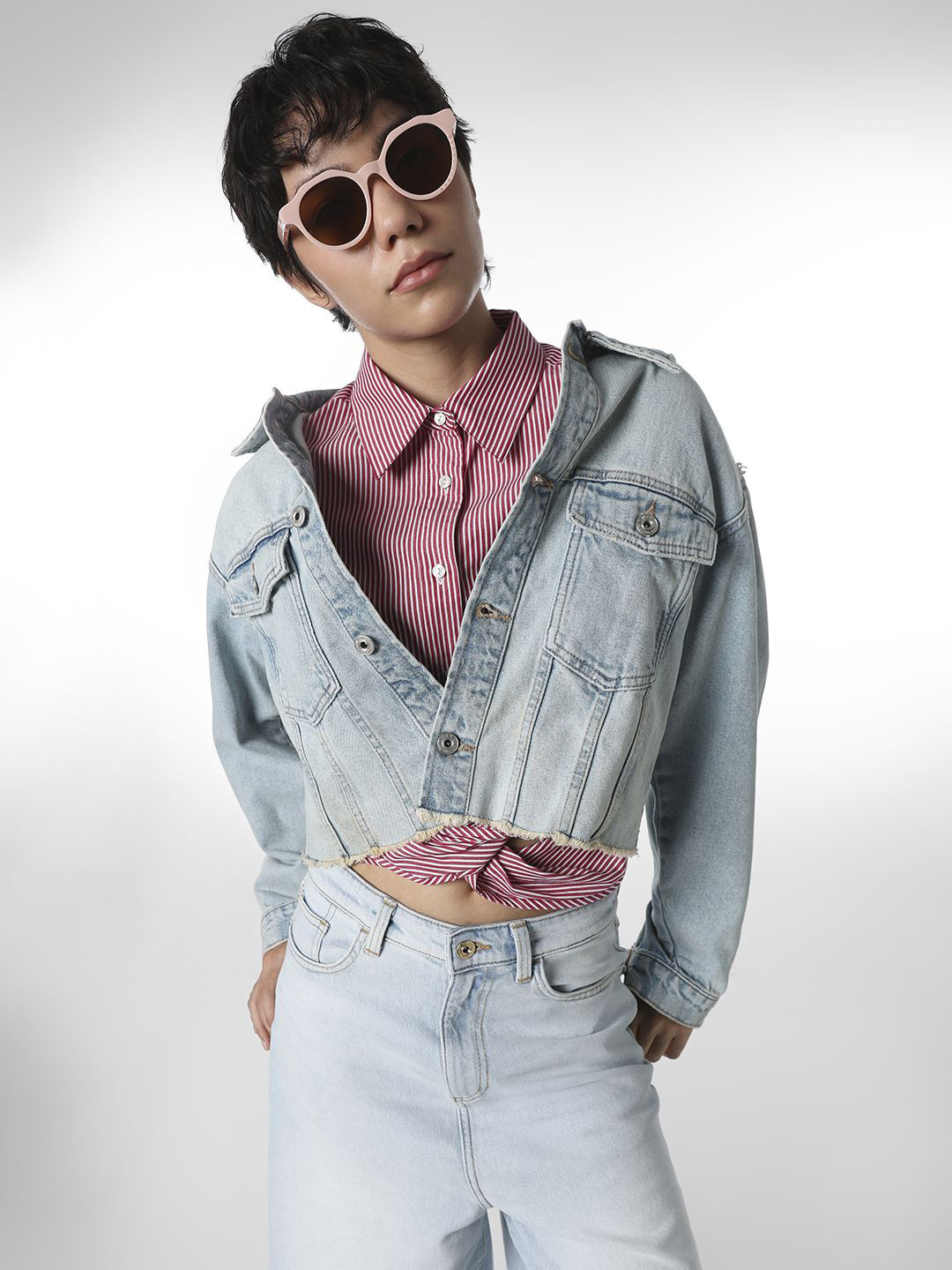 ONLY Vertical Stripes Striped Spread Collar Cotton Shirt