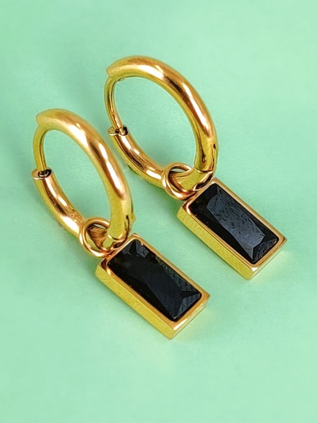 LOLO LePA Women 18k Gold Plated Stainless Steel Macie Black Drop Hoops