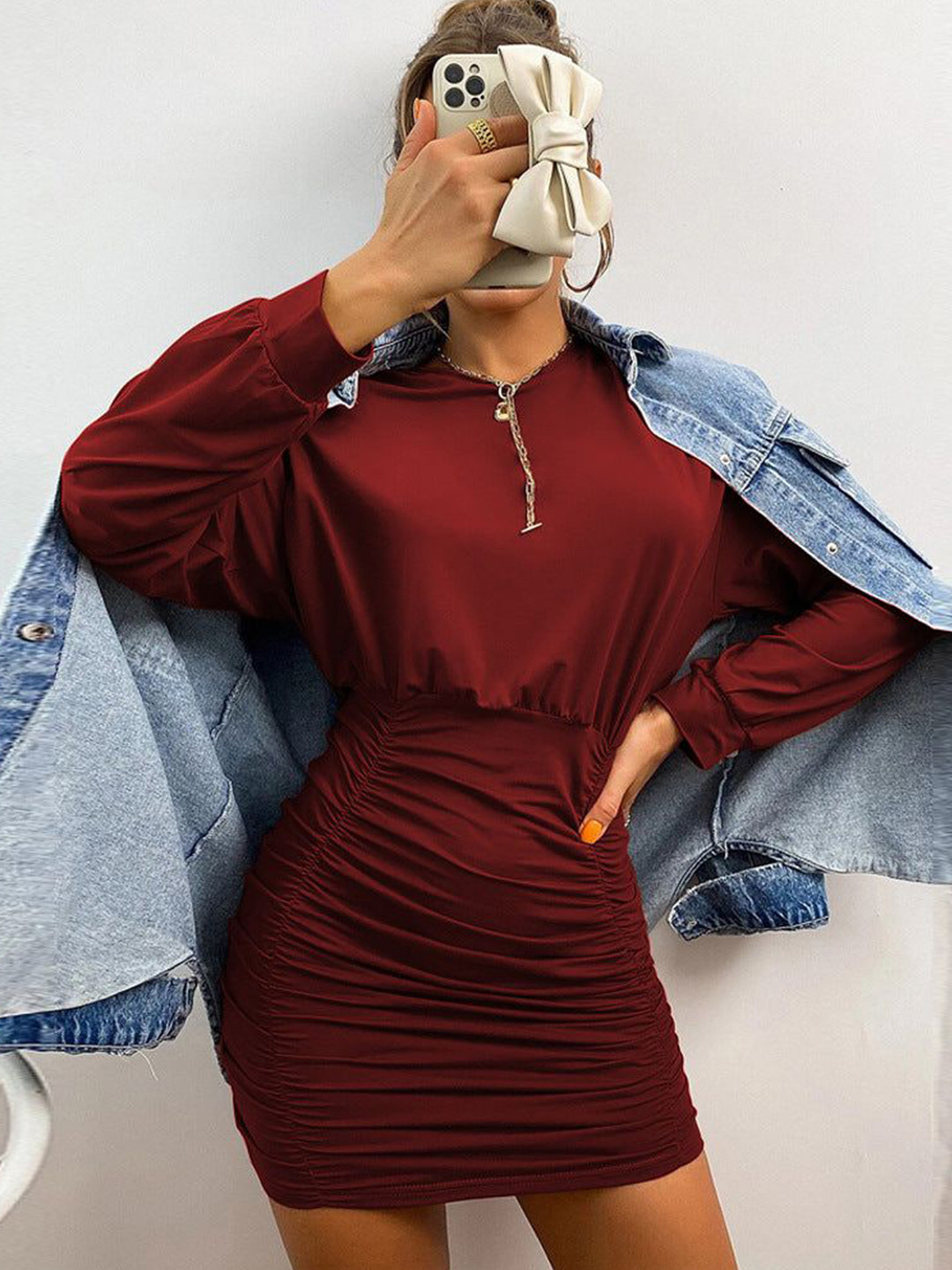 Outzidr Cotton Ruched Blouson Mini Dress