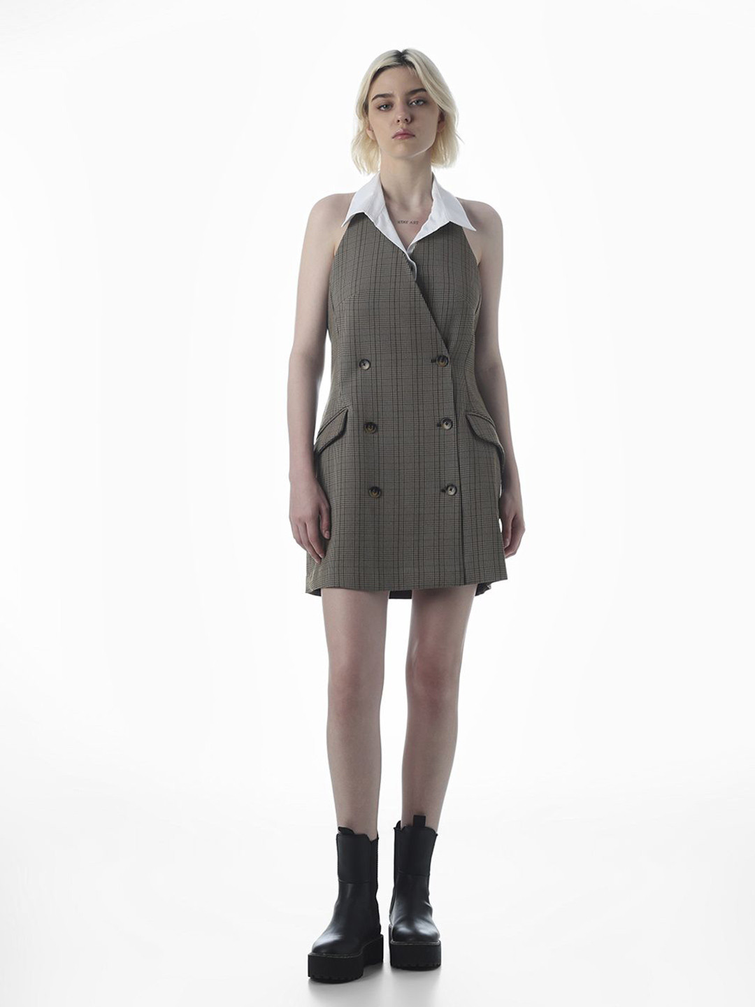 ONLY Women Mocha Mousse Checked Halter Neck Blazer Dresses