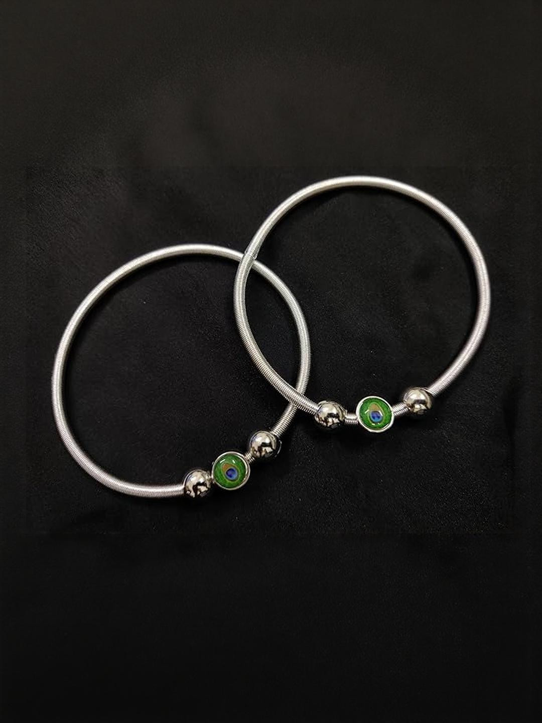 Lovemi Women Silver-Toned Spring Anklet with Peacock Feather Charms