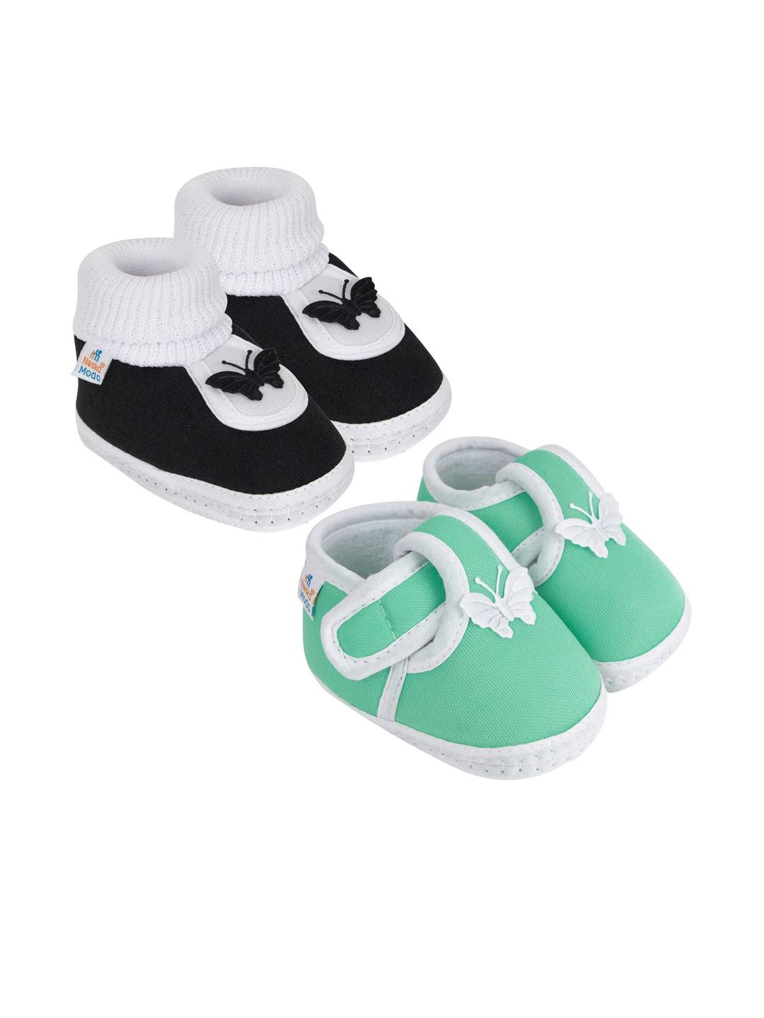NESKA MODA Unisex Kids Set Of 2 Lime Green and Black Cotton Booties