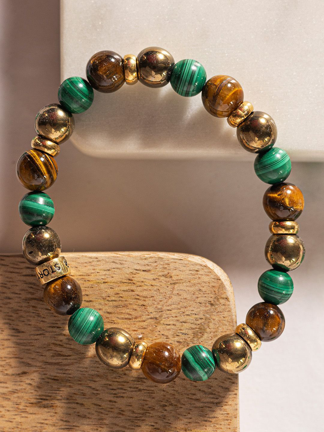 Stone Story By Shruti Unisex Sterling Silver Gold-Plated Malachite Pyrite Beaded Bracelet