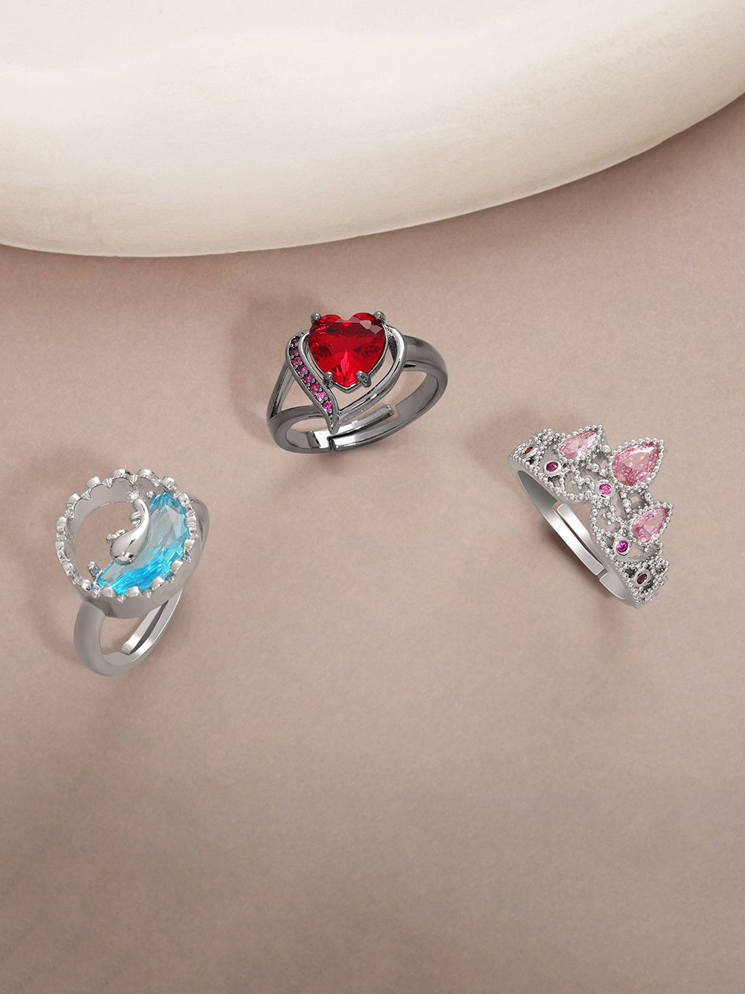 Estailo fashion Set Of 3 Cubic Zirconia Stone-Studded Adjustable Finger Rings