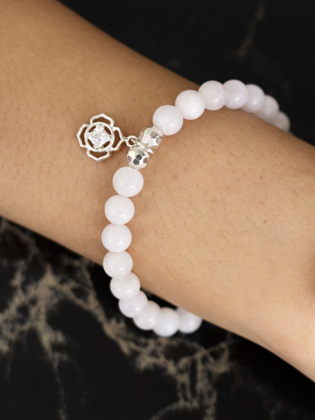 Stone Story By Shruti 925 Sterling Silver Rhodium Plated Opal Beaded Elasticated Bracelet