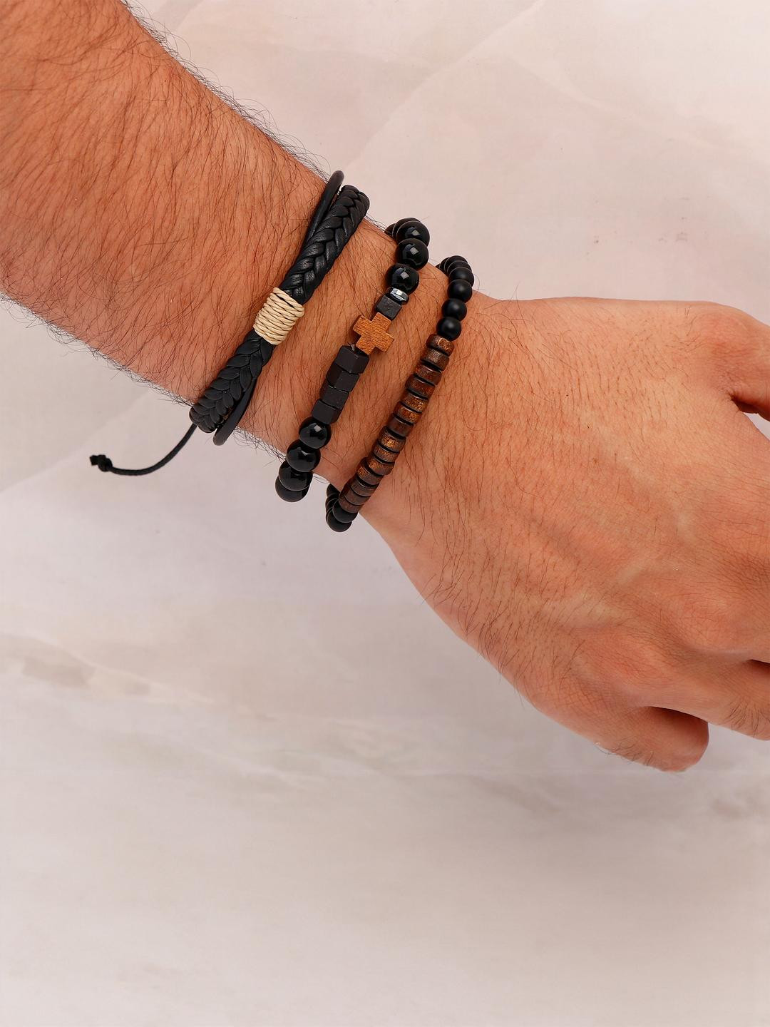 Archies Unisex Set Of 3 Leather Beaded Wraparound Bracelets