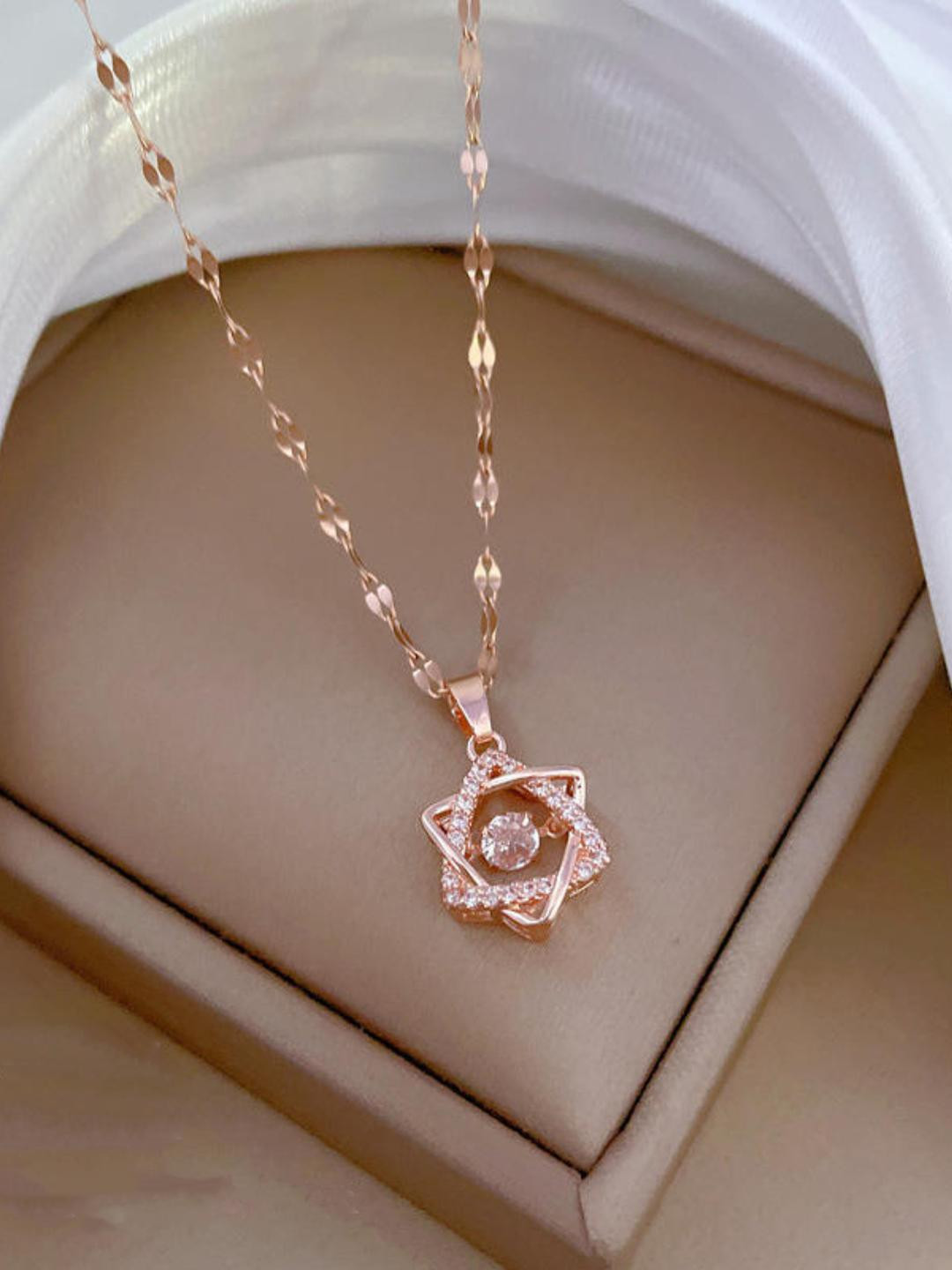 Felicia Women Rose Gold-Toned Stainless Steel Dancing Star Chain Necklace